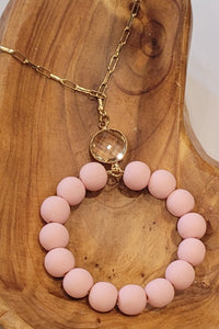 Pink Clay Necklace Gold Tone Ball Studded Earring