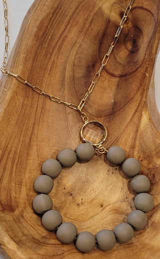 Khaki Clay Beaded Necklace Gold Ball Stud Earrings