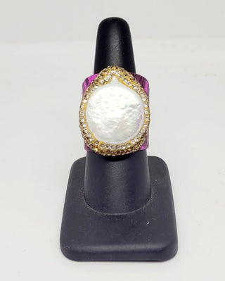 Fresh Water Pearl Faux Snakeskin Adjustable Ring Pink