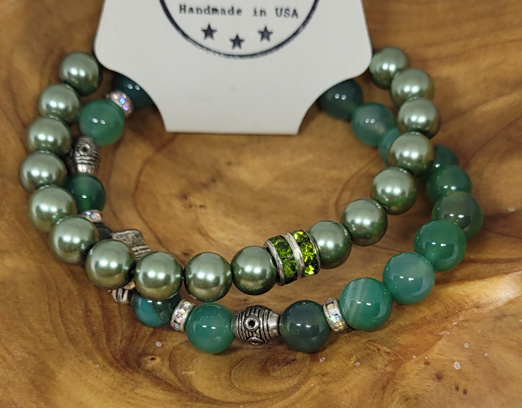 Set of Two Green Tones Butterfly Charm Bracelet Set