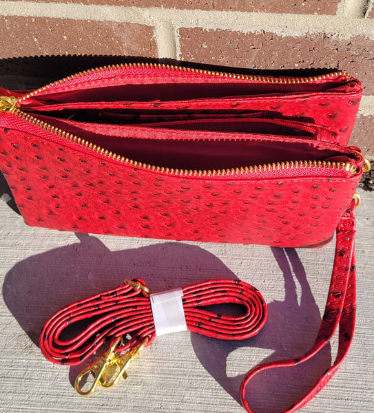 Monogramable 3 Compartment Wristlet Crossbody Pebbled Red