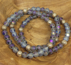 Purple Iridescent Beaded Stretch Bracelet Small Gold Tone Accent