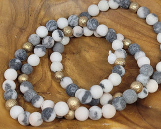 Small Pink Grey Beaded Stretch Bracelet Gold Tone Accents