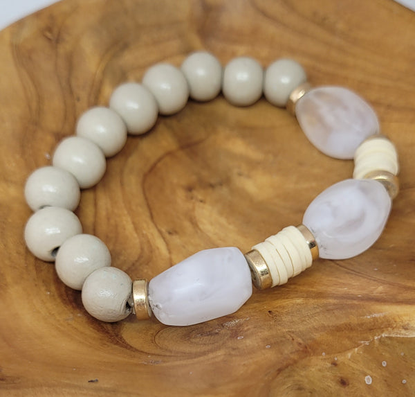 Combination Wood Natural Bead Bracelet White Gold Tone Accent