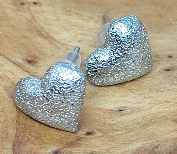 Glitter Silver Textured Heart Post Earrings