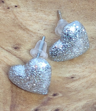 Glitter Silver Textured Heart Post Earrings