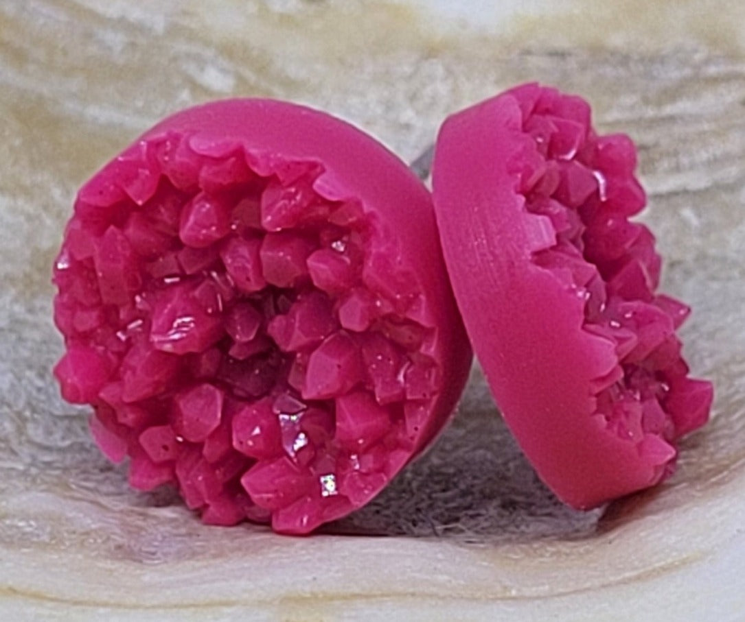 Fuchsia Pink Druzy Disc Post Earrings