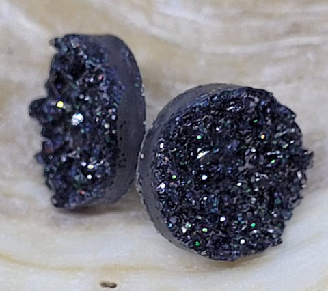 Deep Charcoal Grey Druzy Disc Earrings