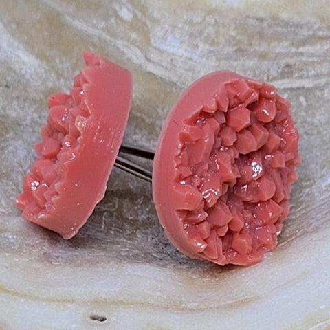 Salmon Pink Druzy Disc Post Earrings