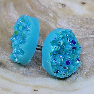 Teal Blue Druzy Disc Post Earrings