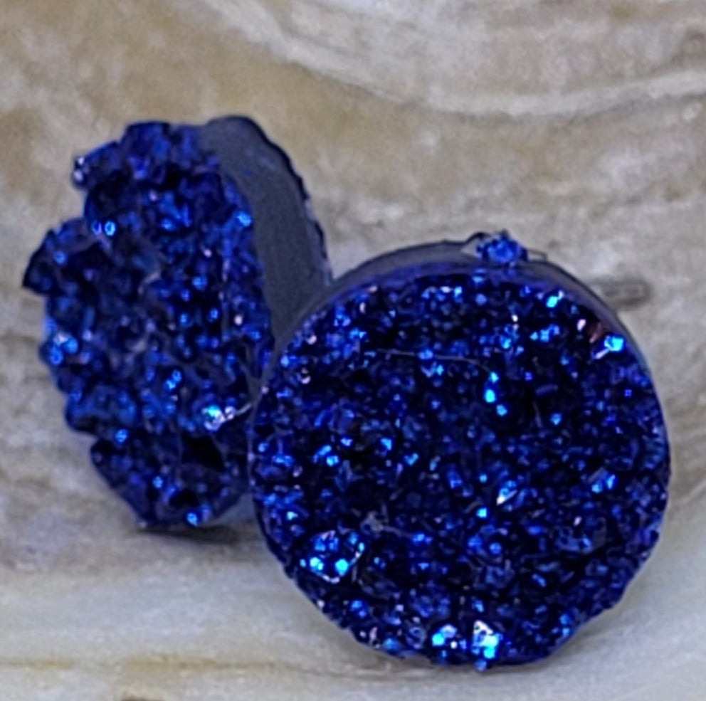 Small Shiny Blue Druzy Disc Earrings