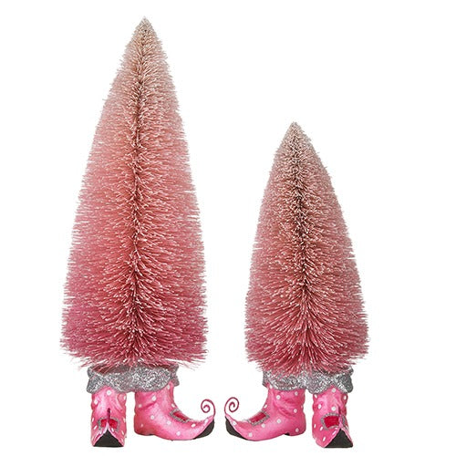 Set of Two Pink Bottle Brush Tree with Elf Shoes