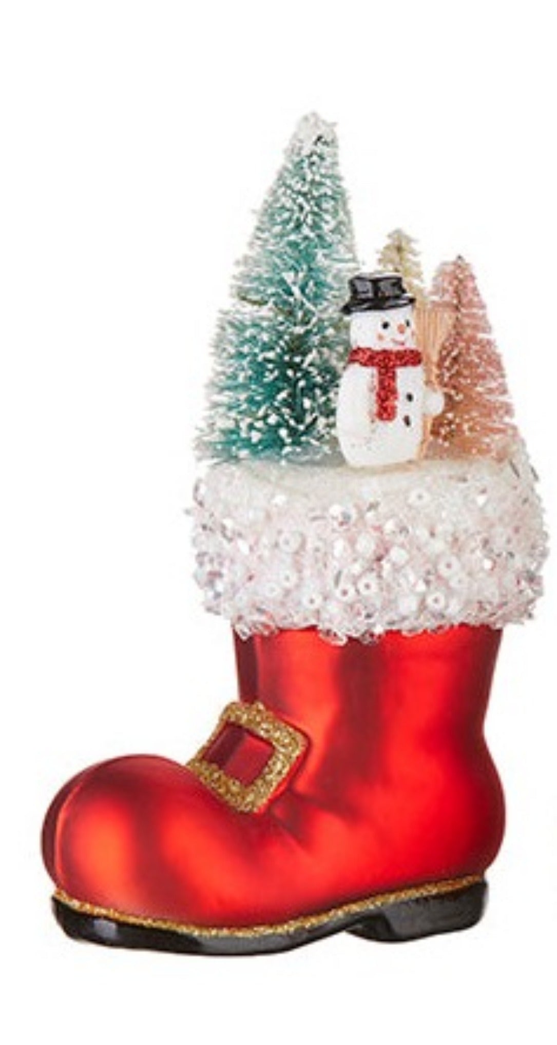 Santa Boot Ornament with Snowman and Trees