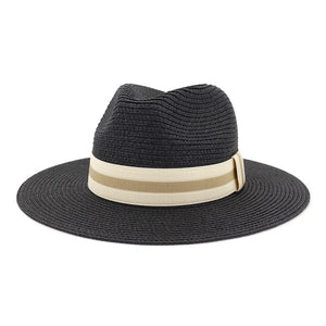 Casual Black Wide Brim Banded Straw Panama Hat