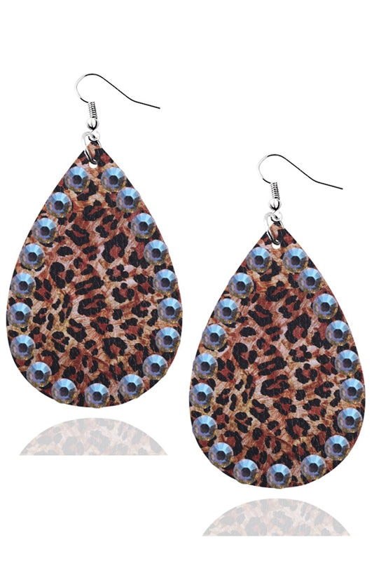 Leopard Print Leather Teardrop Earrings Rhinestones
