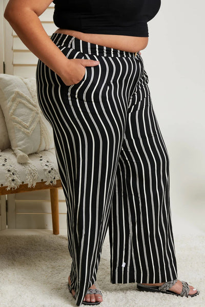 Vertical Lines Striped Twill High Waist Front Zip Pants