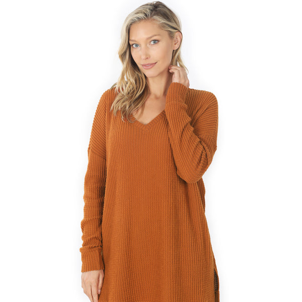 Plus Brushed Thermal Waffle Neck Sweater Top Tunic Almond