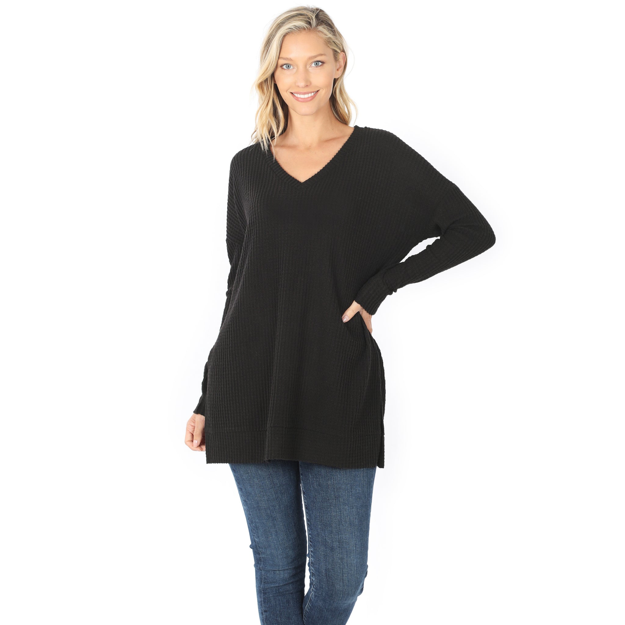 Brushed Thermal Waffle Neck Sweater Tunic Top Black