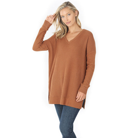 Plus Brushed Thermal Waffle Neck Sweater Top Tunic Deep Camel