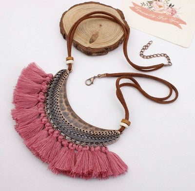 Bohemian Feather Tassel Choker Statement Necklace Pink