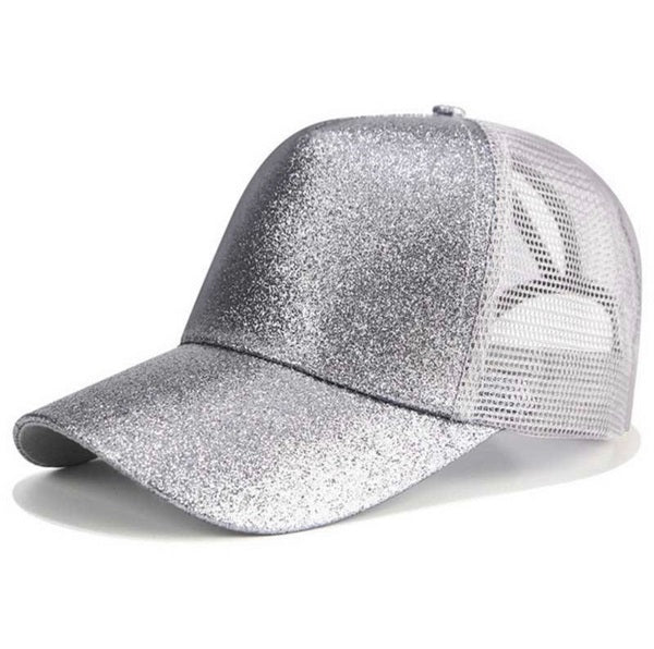 Silver Glitter Ponytail Messy Bun Baseball Cap Adjustable Hat