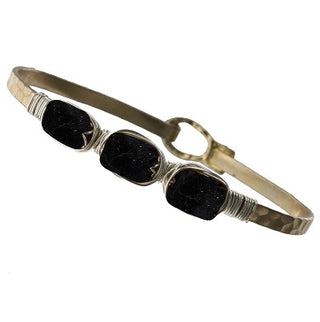 Jet Natural Stone Silver Tone Wire Wrap Latch Bracelet