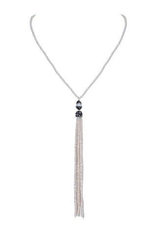 Beaded Faux Pearl Crystal Beige Tassel Necklace