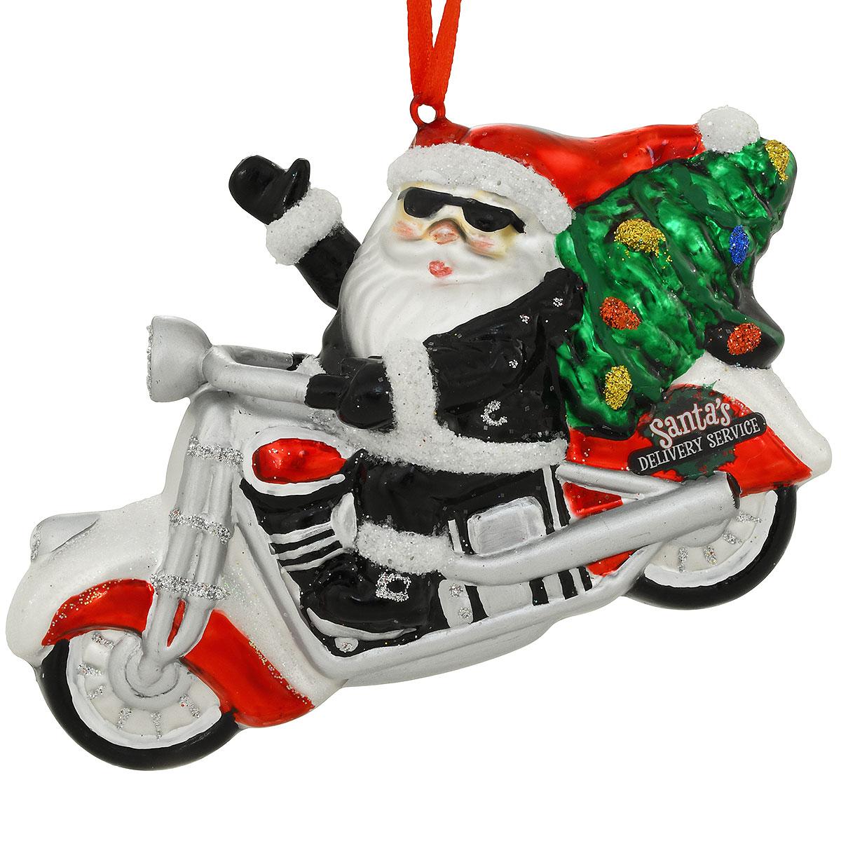 Santa Claus on a Motorcycle Glass Christmas Ornament