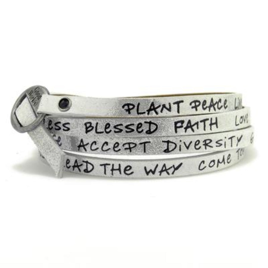 Leather Foil Stamped Inspirational  Wrap Around Peace Bracelet Silver
