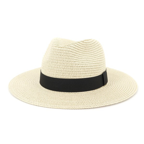 Casual Wide Brim Solid Ribbon Banded Straw Panama Hat