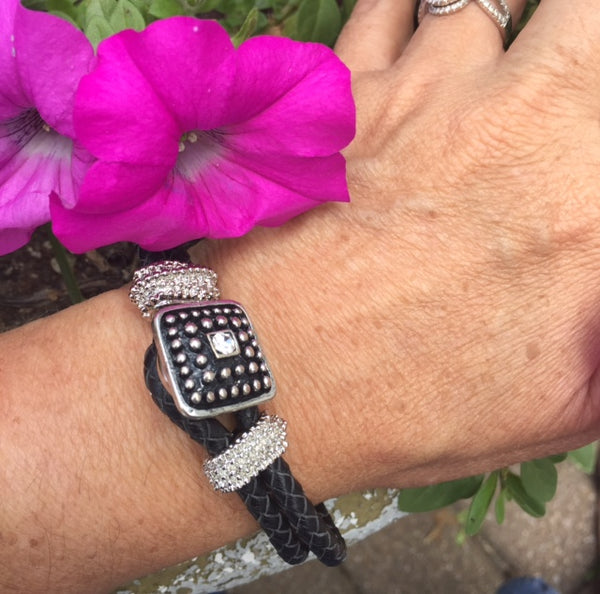 Black Silver Snap Charm with Rhinestone Center Interchangeable Jewelry