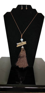 Brown Beaded Tassel Strand Necklace Earring Set