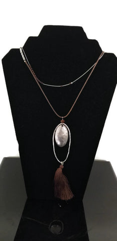 Double Strand Corded Brown Silver Tone Necklace