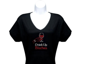 Black Rhinestone Drink Up Bitches T Shirt Short Sleeve