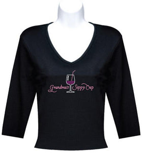 Black 3-4 Sleeve Grandma's Sippy Cup Rhinestone T-Shirt