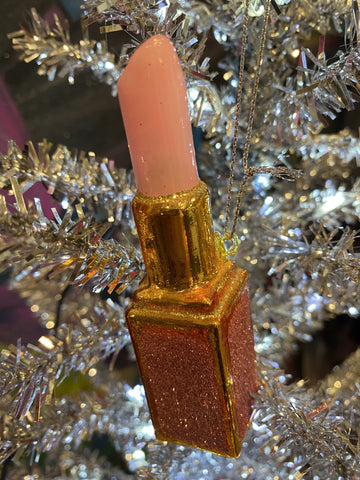 Glass Pale Pink Glitter Lipstick Ornament