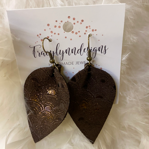Metallic Brown Large Leaf Leather Earrings Made In USA