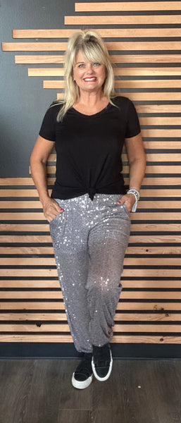 Grey Sequin Big Pocket Elastic Waistband Jogger Pants