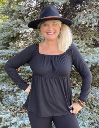 Ribbed Off The Shoulder Black Tunic Style Long Sleeve Top Shirt