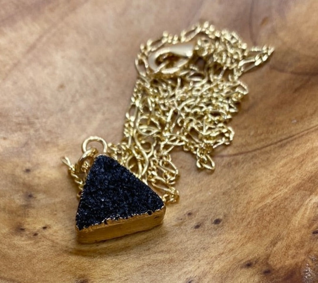 Gold Tone Black Triangle Druzy Necklace