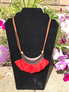 Bohemian Feather Tassel Choker Statement Necklace Red
