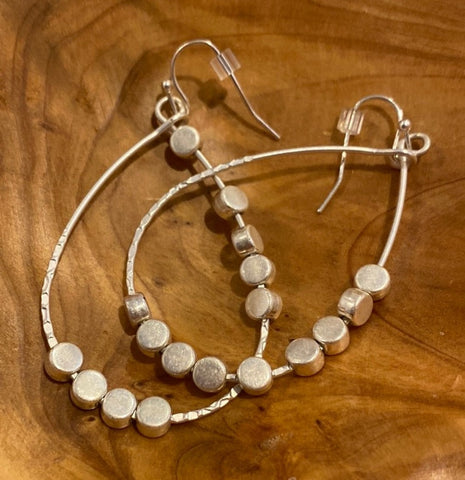 Silver Tone Beaded Oval Hoop Earrings