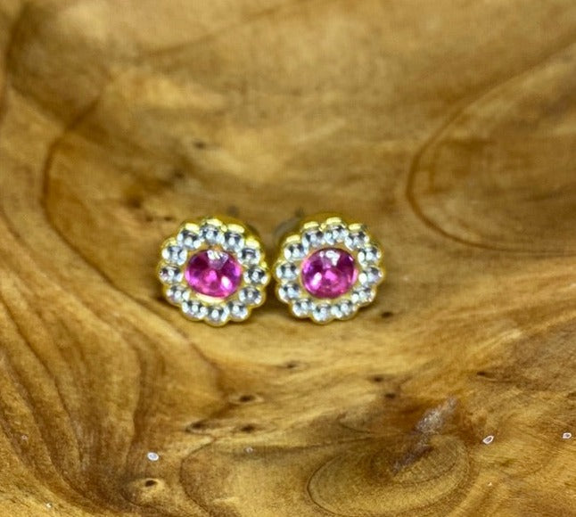 Pink Stud Clear Rhinestone Post Earrings