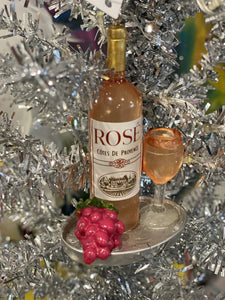 Serving Tray with Rose Wine Bottle and Glass Ornament