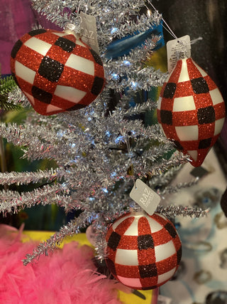 Round Red Black Check Glitter Plaid Glass Ornament