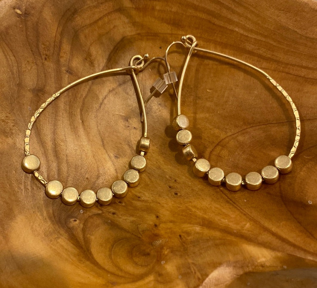 Gold Tone Beaded Oval Hoop Earrings