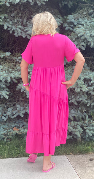 Solid V Neck Ruffle Pink Midi Dress