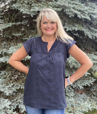 Navy Blue Cotton Eyelet Lace Ruffle Sleeve Top