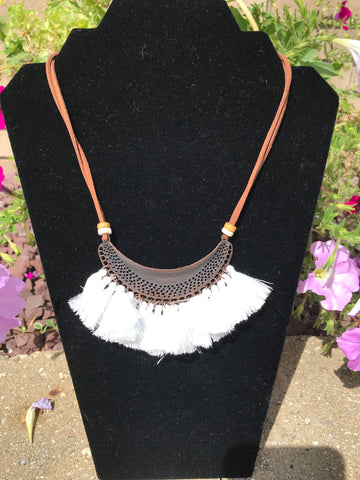 Bohemian Feather Tassel Choker Statement Necklace White