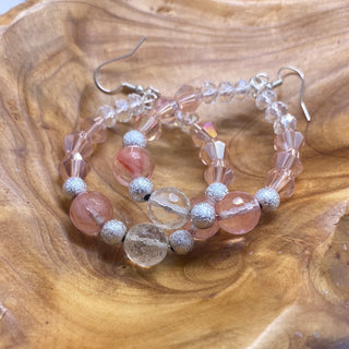 Pink Clear Silver Beaded Loop Earrings